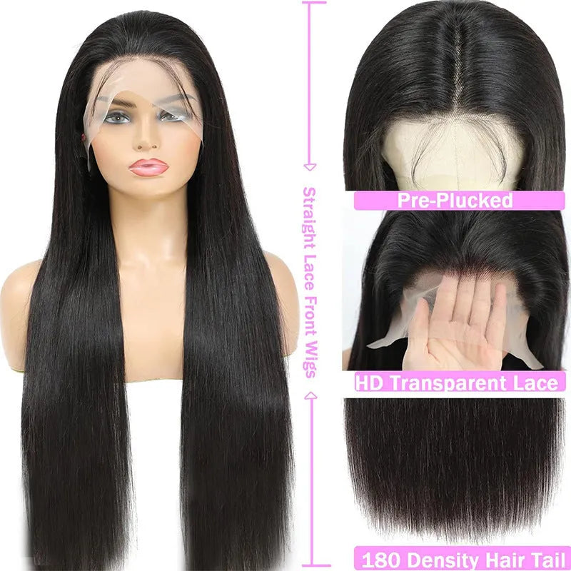 Black straight human hair lace front wig with 13x6 frontal on a mannequin head.