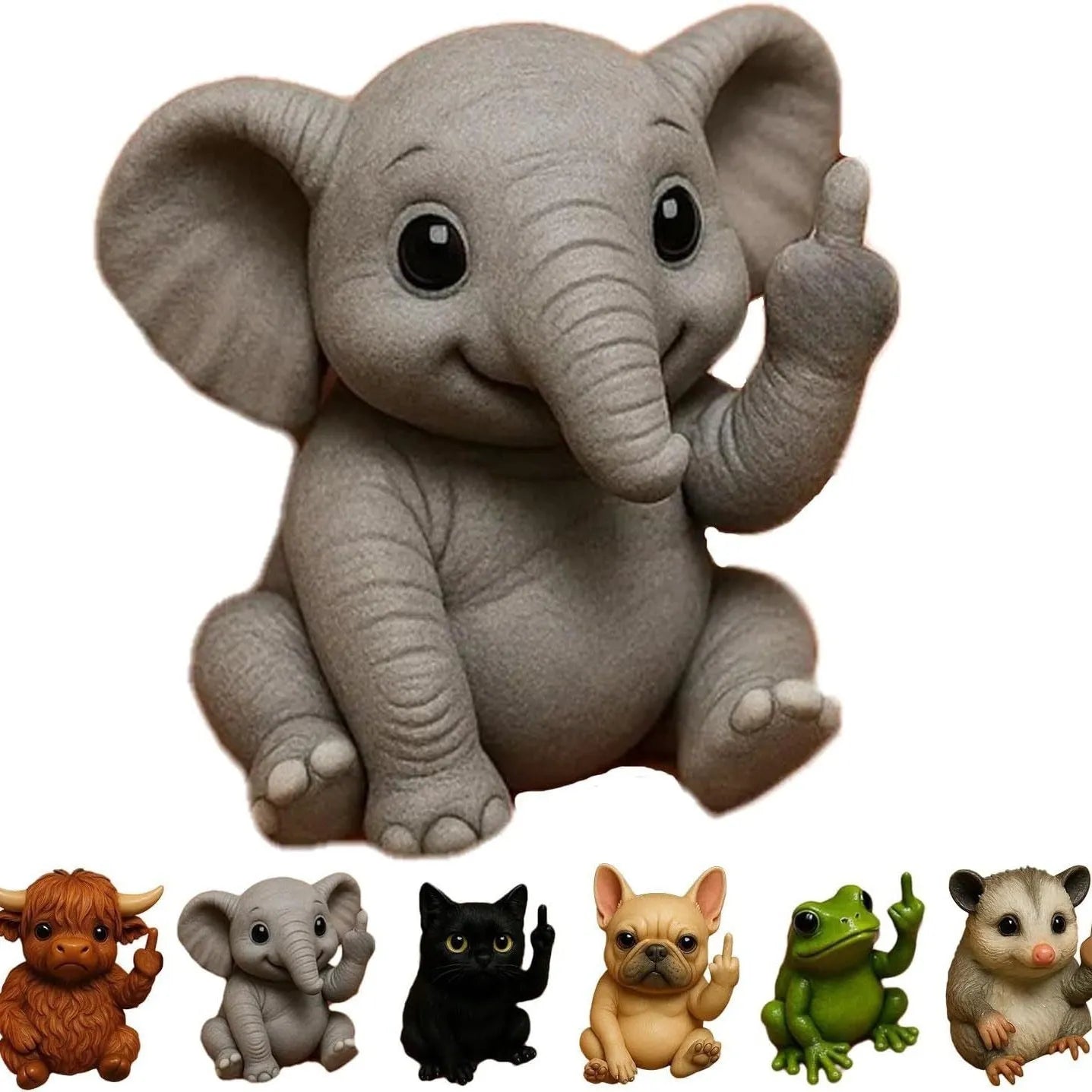 Miniature resin animal doll making a middle finger gesture, available in seven animal styles including cat and dog.