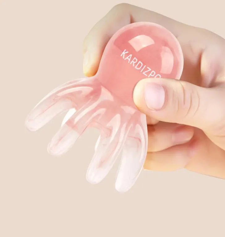 Pink natural resin octopus-shaped massage comb for face and scalp with storage bag