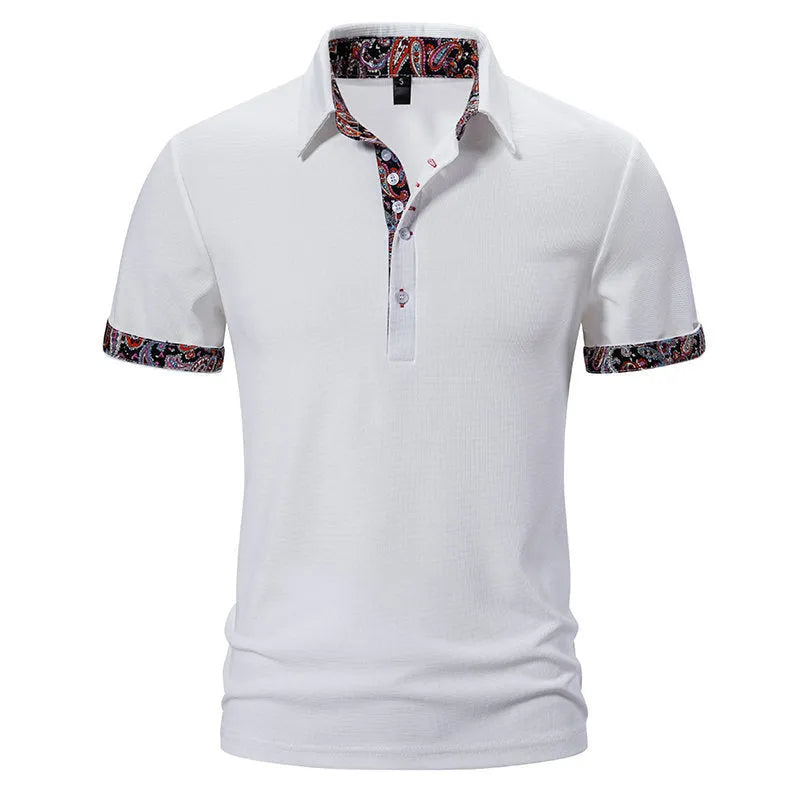 Men's short sleeve polo shirt in cotton blend fabric, showing turnover collar, available in white, black, and navy blue.