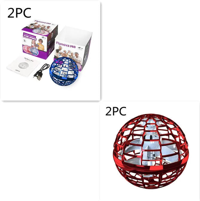 Blue spinning flying ball toy with LED lights hovering above a child's hand, with a magic wand accessory.