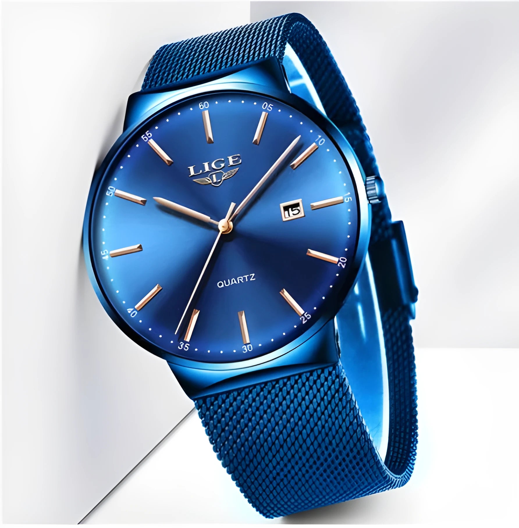 Stainless steel men's watch with 40mm dial, shown in black, blue, and black/blue colour variations.