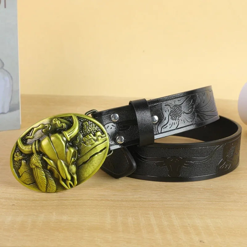 Men's brown belt with detailed cow head alloy buckle and imitation leather strap showing pin buckle closure