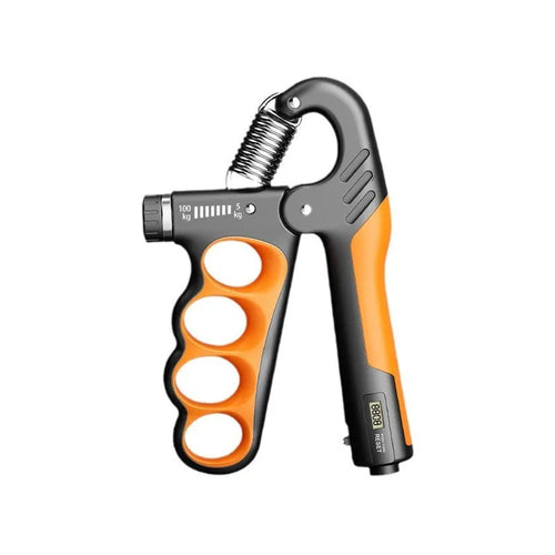 Adjustable electronic count spring grip hand exerciser with a digital counter display.