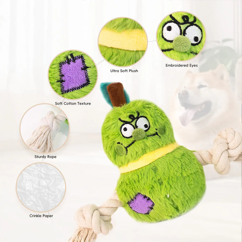 Green and purple interactive plush dog toy with rope knot and molar tooth design for tug of war.