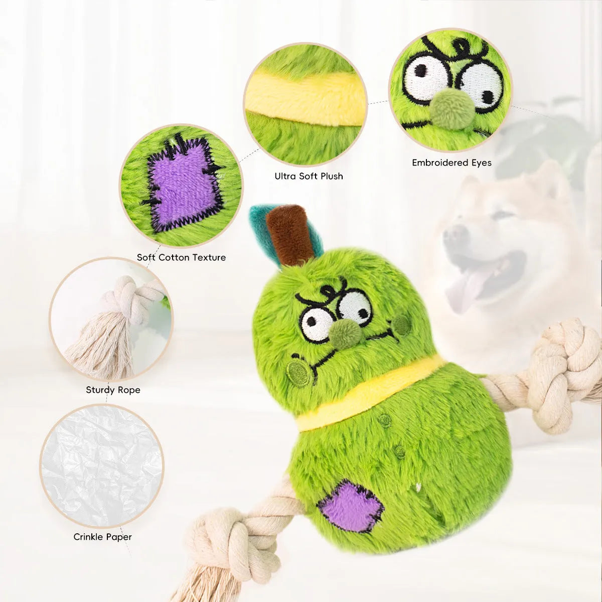 Green and purple interactive plush dog toy with rope knot and molar tooth design for tug of war.