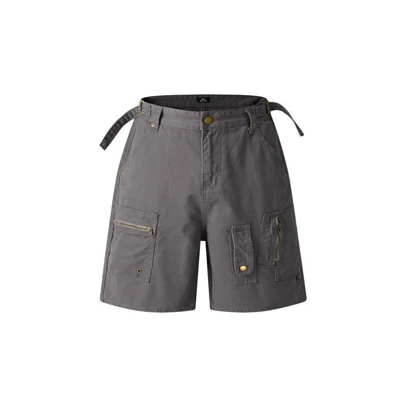 Retro washed cotton workwear shorts with half elastic waistband in loose fit