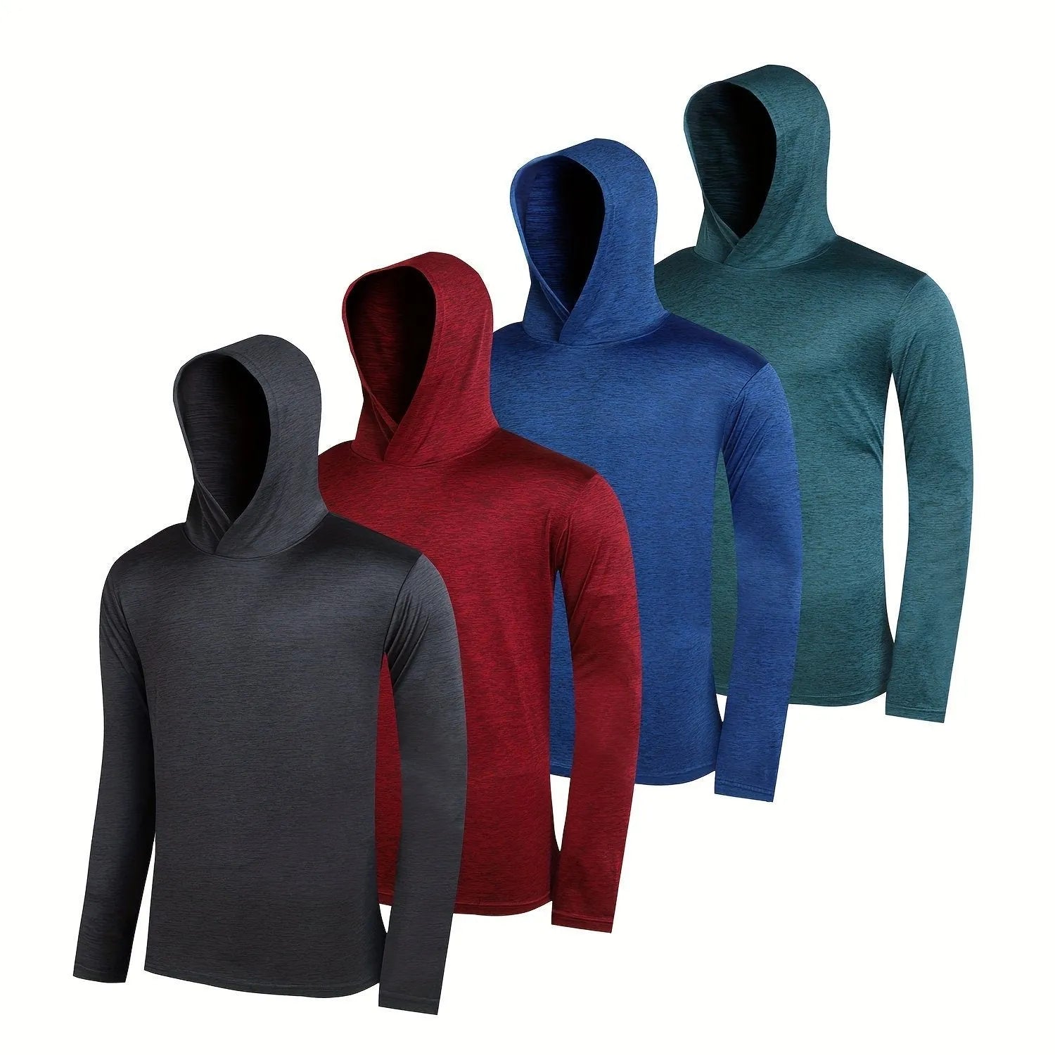 Four men's lightweight hoodies folded, showing elastic polyester fabric and available colour options.