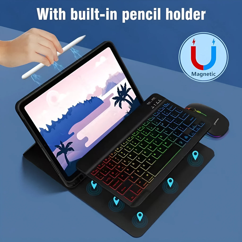 iPad protective case with luminous RGB Bluetooth keyboard and mouse in black leather sheath style