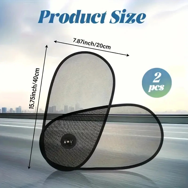 Black adjustable car side window sunshade with suction cups stretched across vehicle window