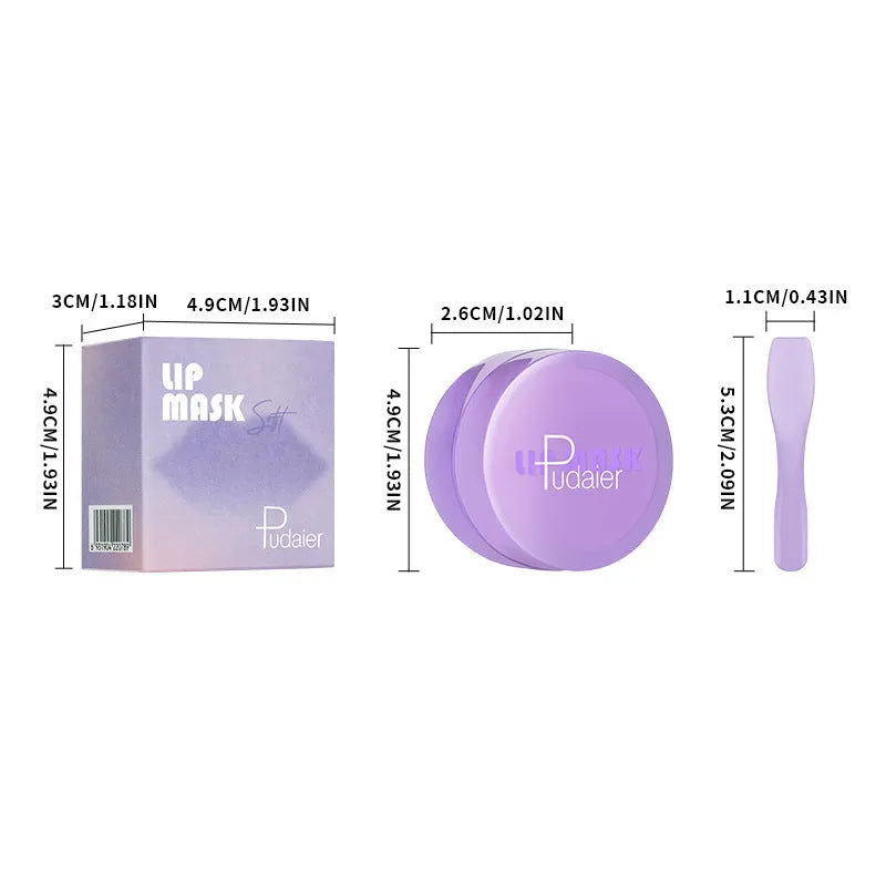 Box containing a lip balm pot, exfoliating lip film, and a plastic scraper tool for lip care.