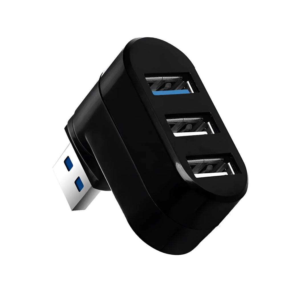 Black and white USB rotary splitter hub with four ports on a rotating ABS plastic base.