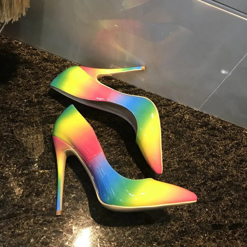 Rainbow patent leather super high heels with pointed toe and ultra-high thin heel in 10cm or 12cm height options