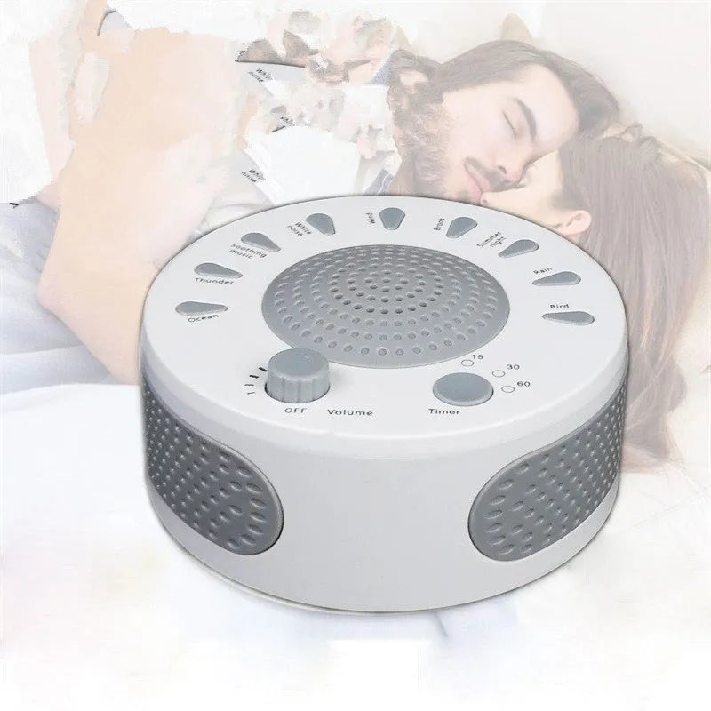 White noise sleep instrument with volume knob and multiple sound options in compact packaging