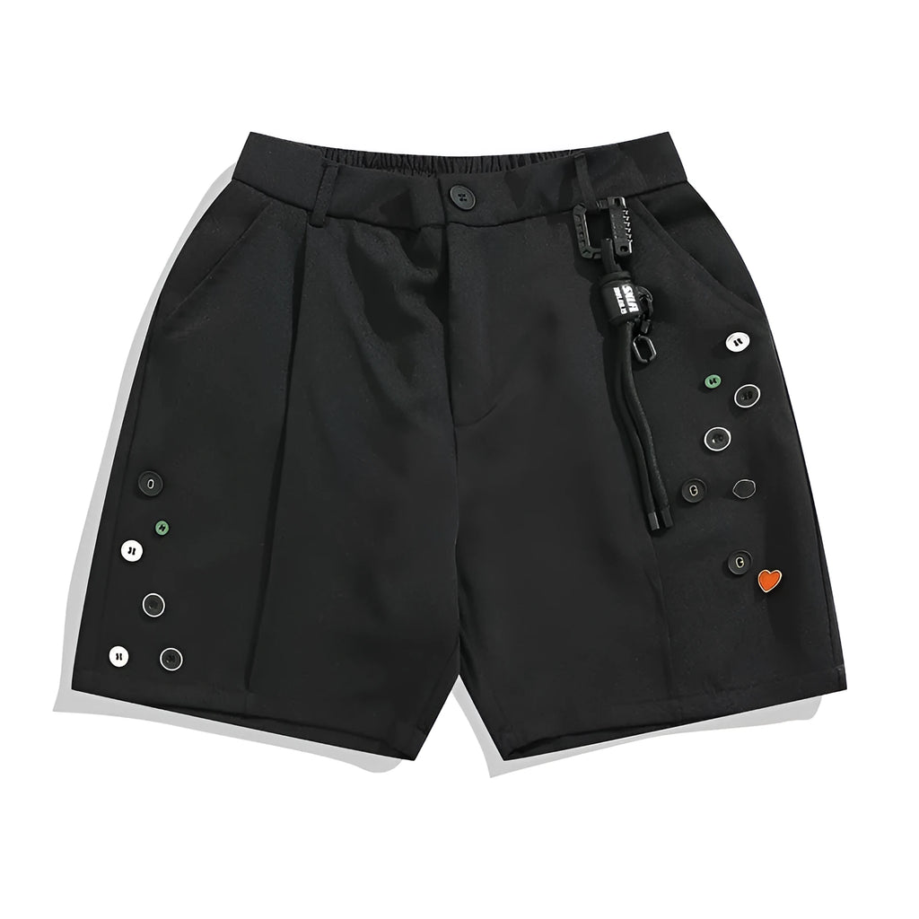 Men's black semi-elastic shorts with loose straight-leg fit and above-knee length