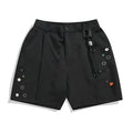Men's black semi-elastic shorts with loose straight-leg fit and above-knee length