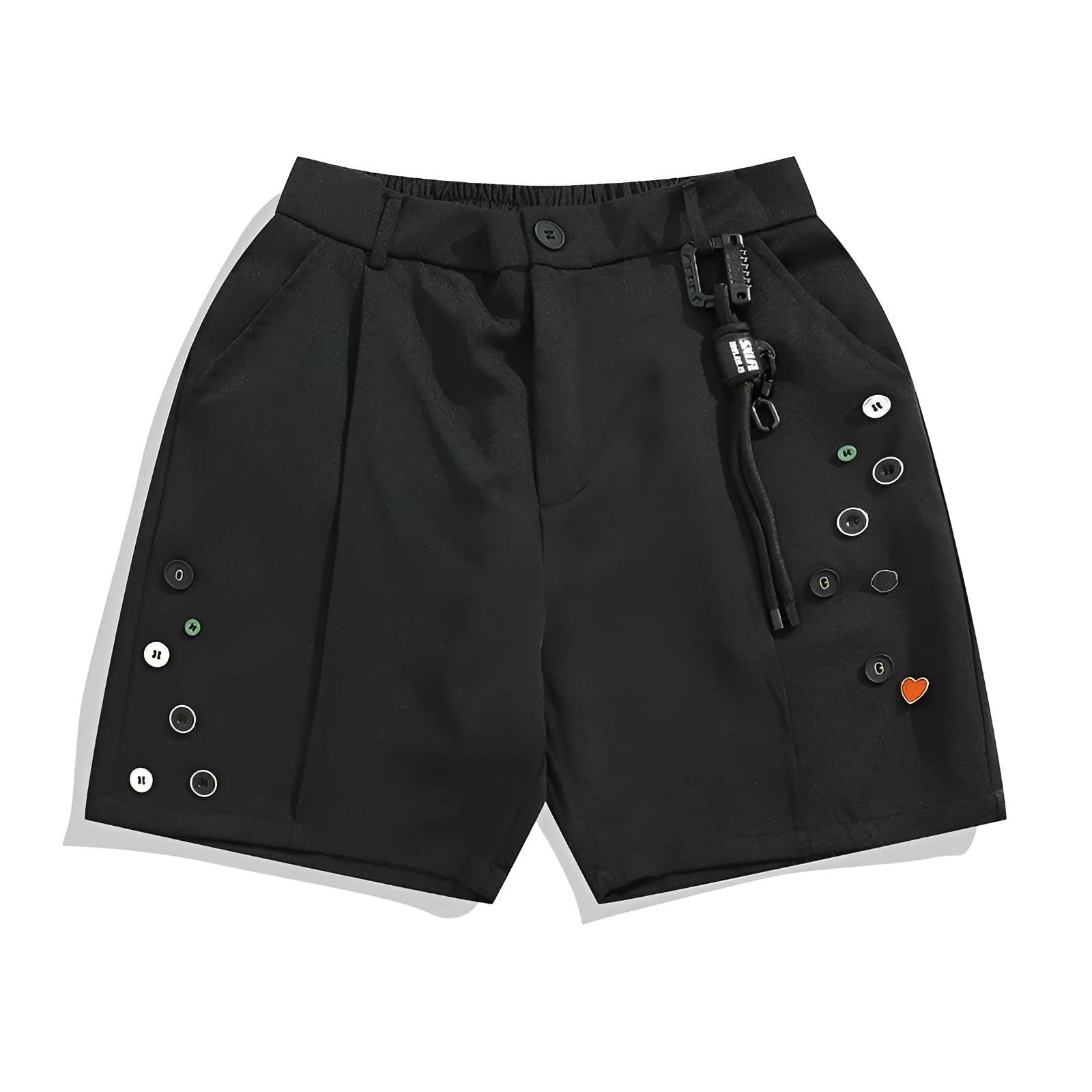 Men's black semi-elastic shorts with loose straight-leg fit and above-knee length