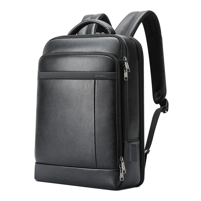 Black cowhide leather business backpack with curved shoulder straps and USB charging port