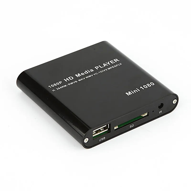 Compact black or blue 1080P HDMI media player with USB and SD card ports.