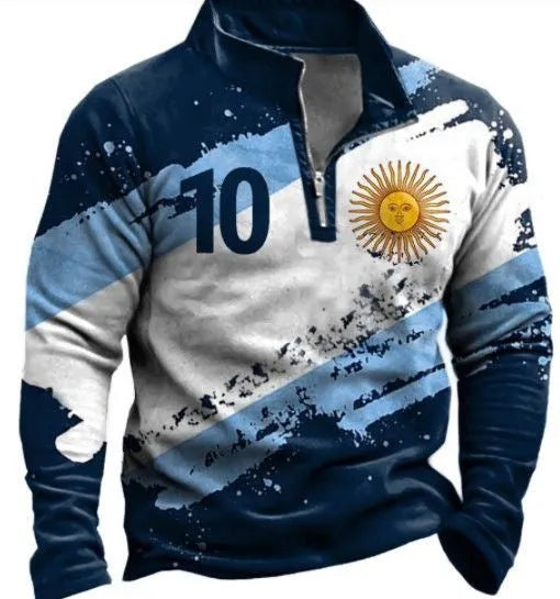 Men's loose-fit long-sleeved t-shirt with retro colour printing and a zip decoration detail.
