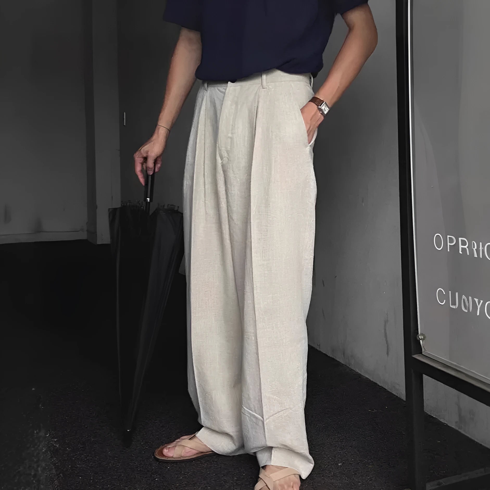Men's apricot wide-leg cotton linen trousers with mid-waist zip fly and pencil leg opening