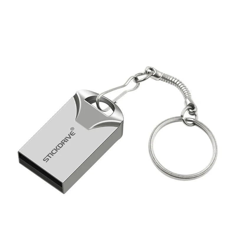 Metal USB flash drive with attached necklace chain in silver finish