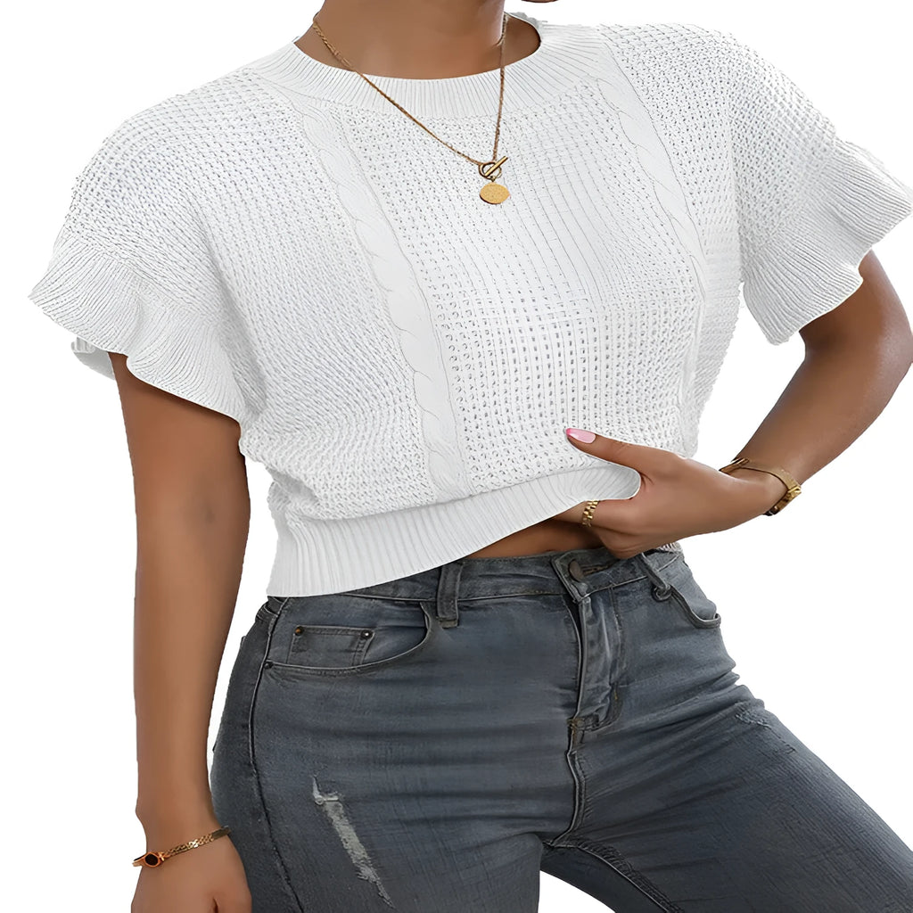 Loose white knitted pullover sweater with detailed twisted string ruffled short sleeves, round neck.
