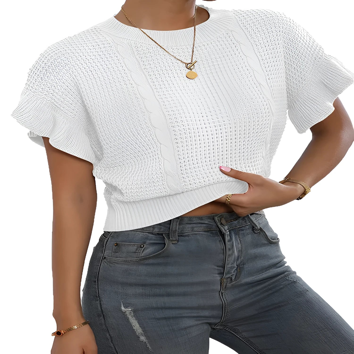 Loose white knitted pullover sweater with detailed twisted string ruffled short sleeves, round neck.