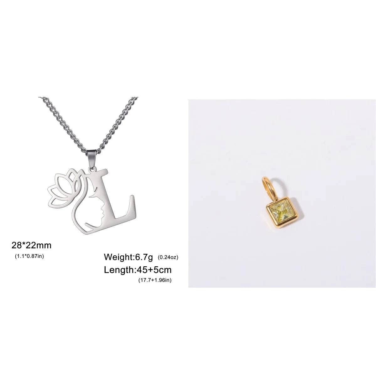 Stainless steel necklace with cross chain and a single letter pendant in gold or silver finish.