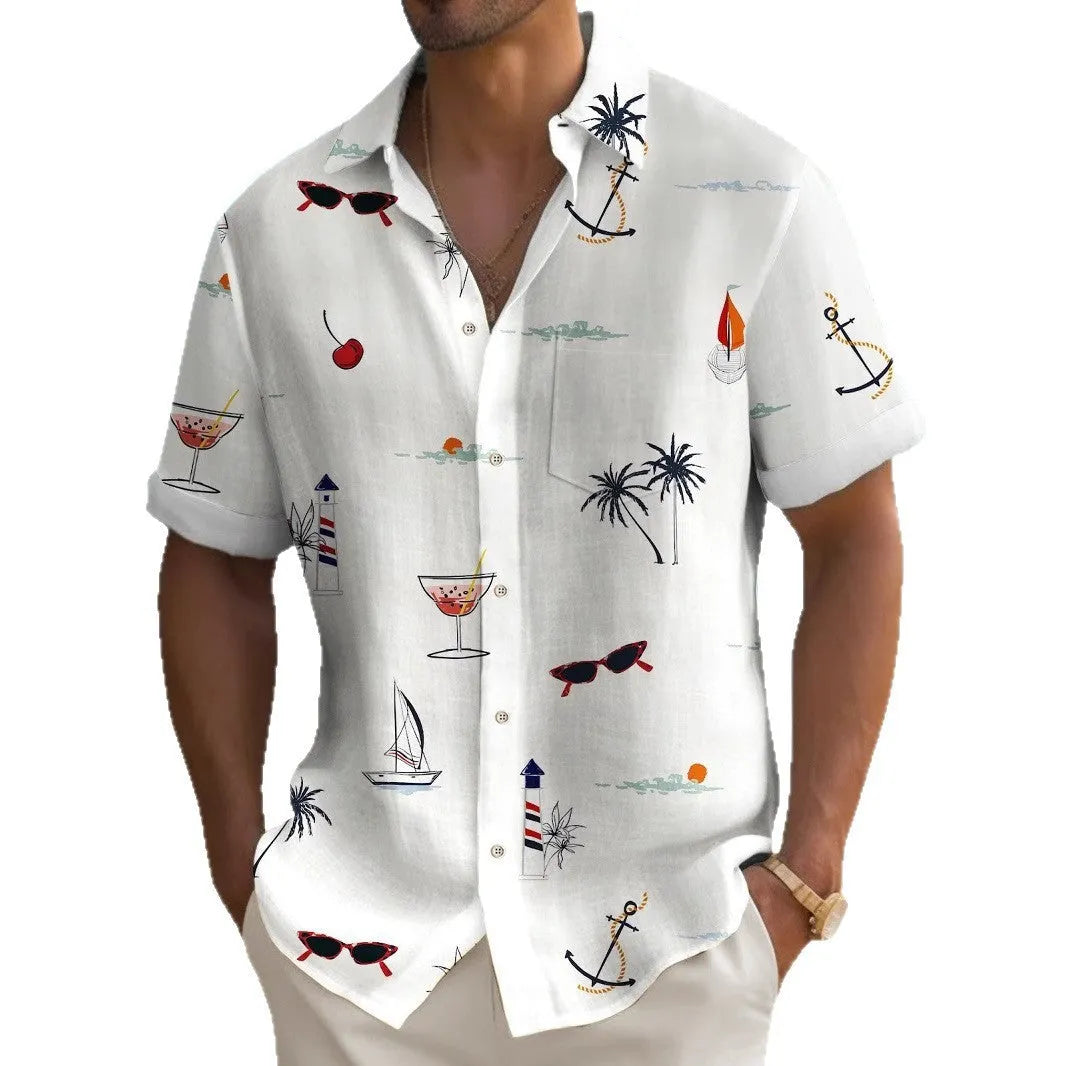 Men's loose fit Hawaiian shirt with digital print pattern and short sleeves