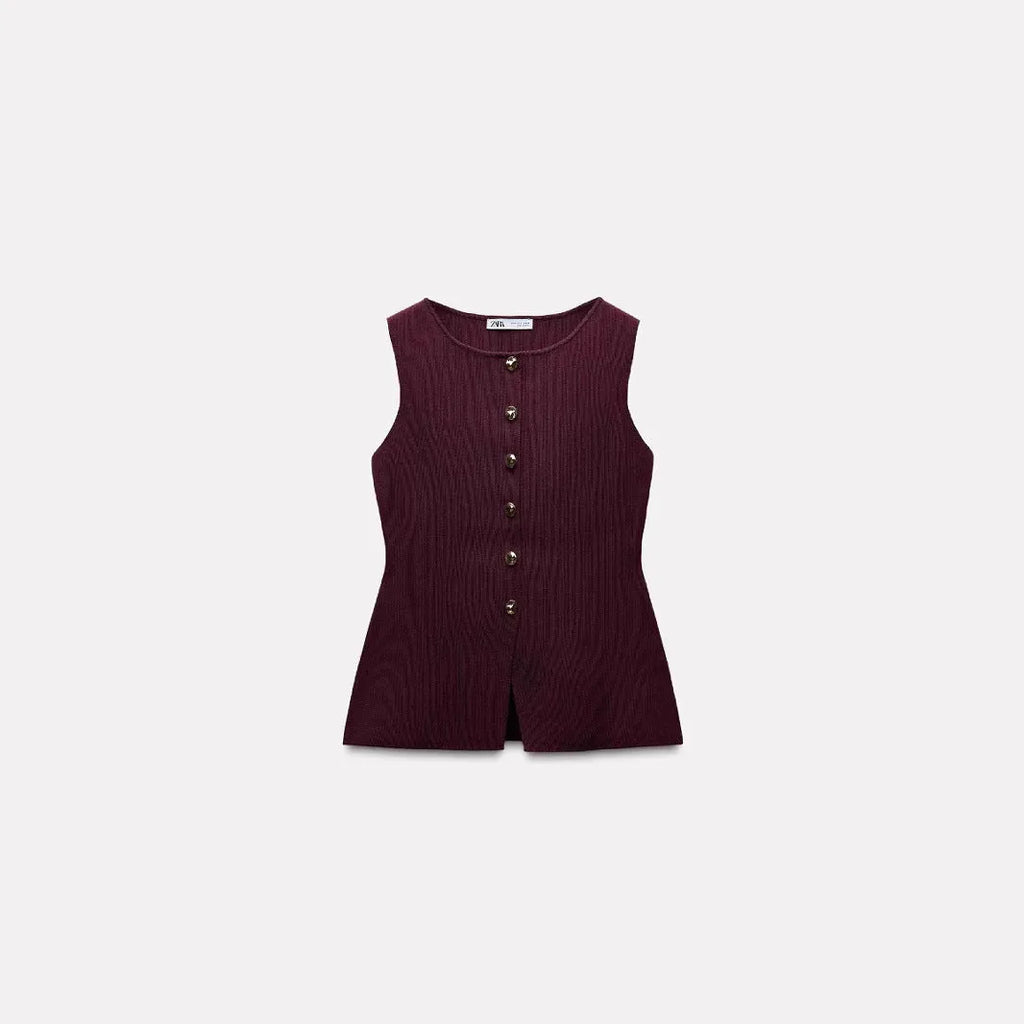 Slim fit sleeveless vest cardigan in viscose fibre with 3D pattern in dark red and white colour options