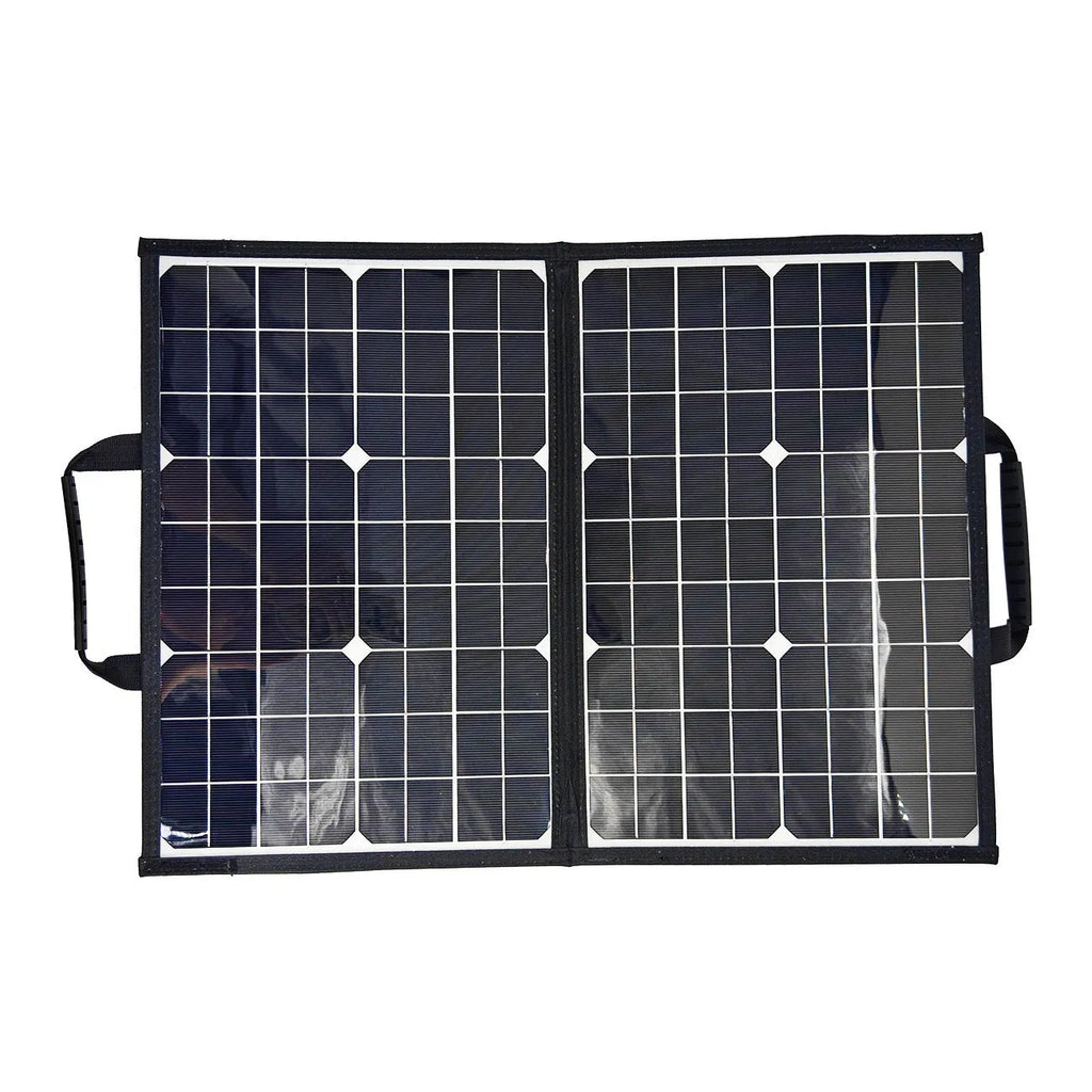Black 40W solar folding bag showing folded configuration and single crystal solar cells
