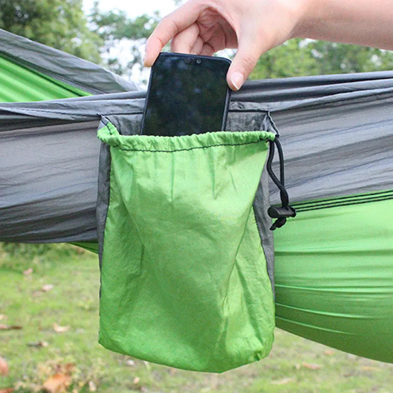 Blue parachute nylon outdoor hammock showing 270cm length and 140cm width dimensions