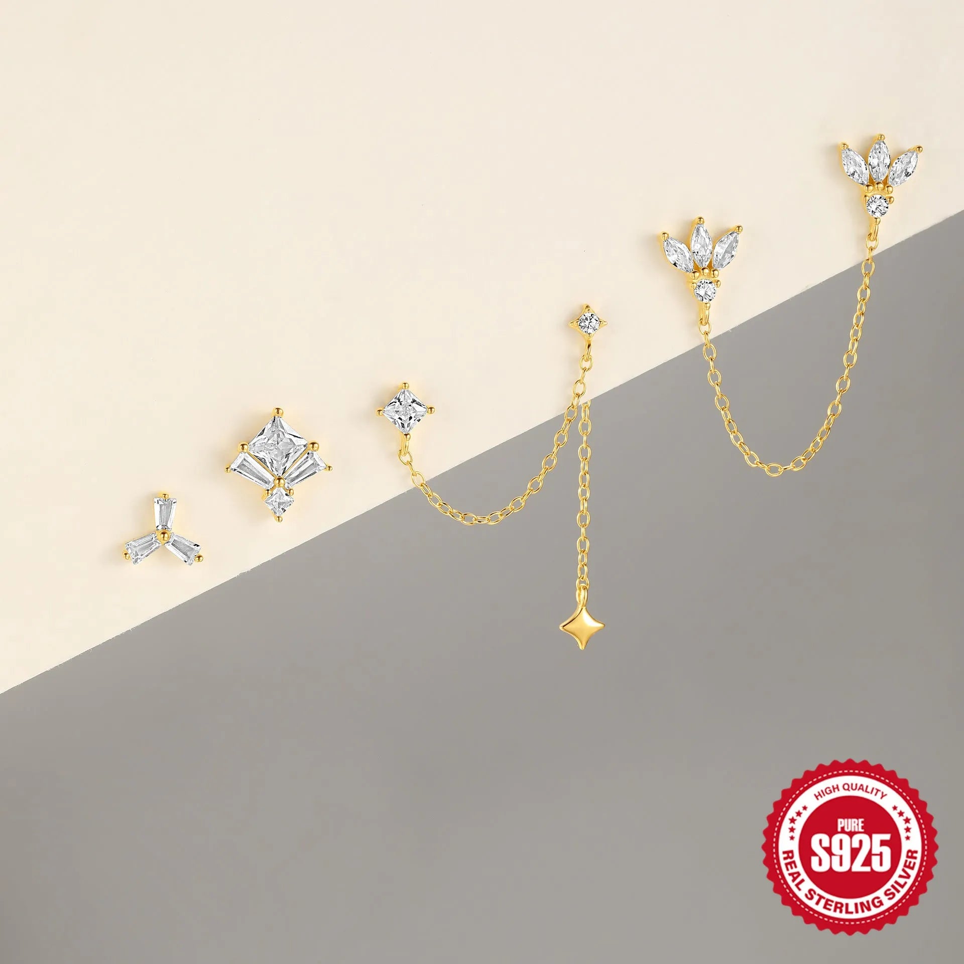 S925 sterling silver geometric chain stud earrings with inlaid zircon for double piercings in golden colour.