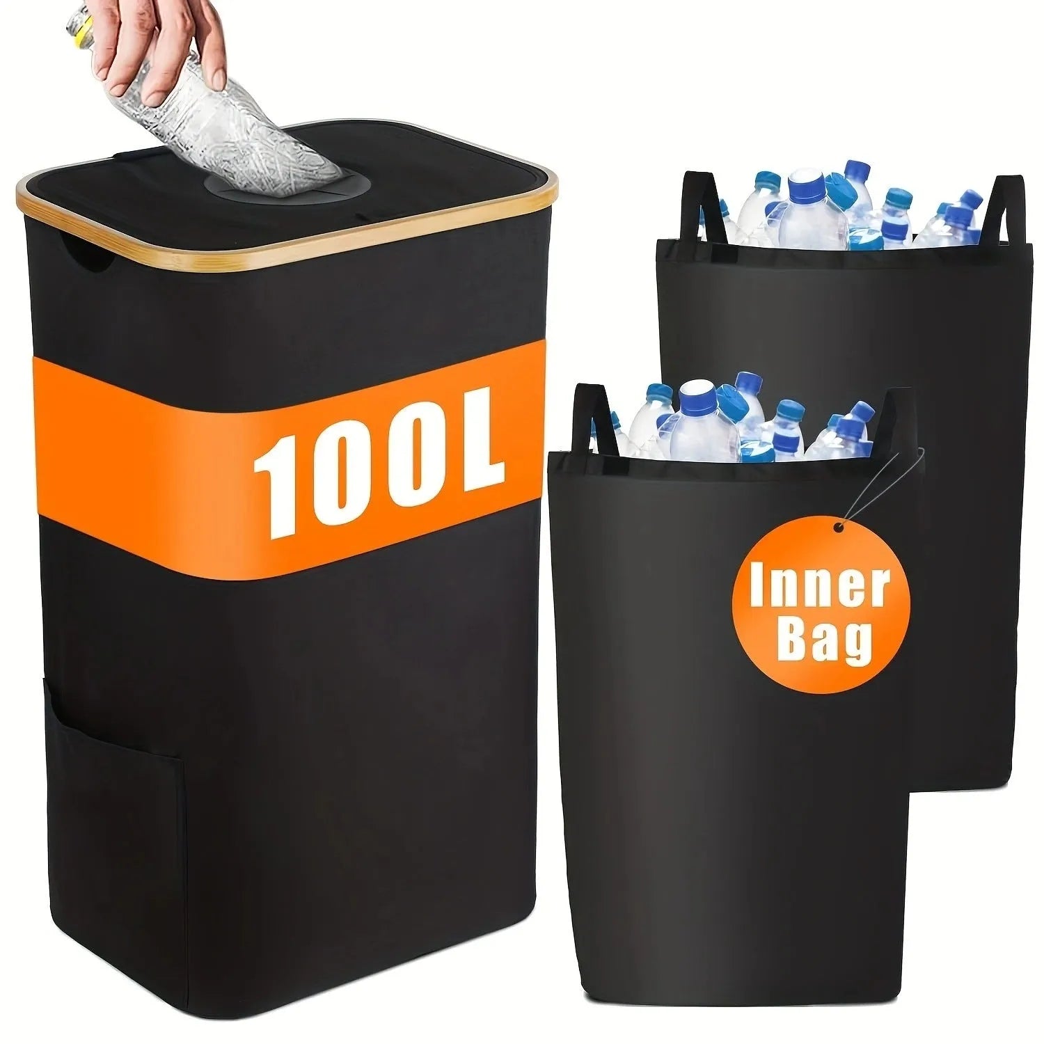 Black bamboo laundry basket with removable lid showing dual inner pockets and ventilation holes
