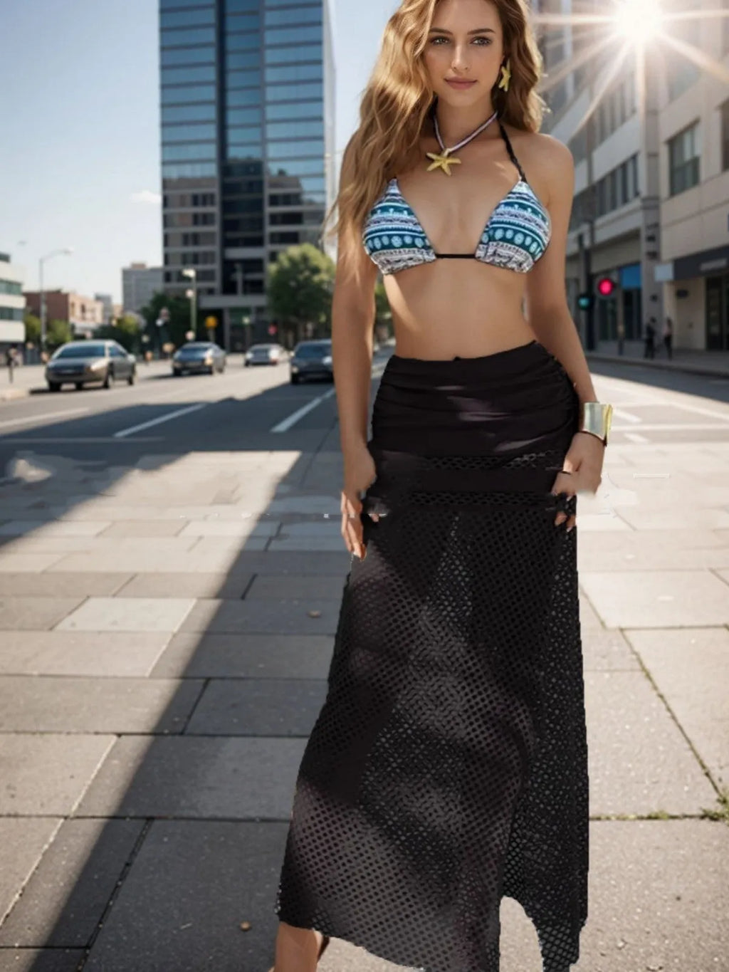 Women's three-piece bikini set with fishnet long skirt in gradient pattern design
