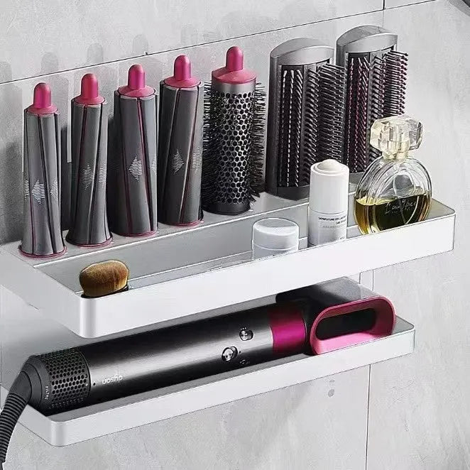 White punch-free Marcel waver shaped bathroom storage rack with two aluminium tiers for hair curler organisation