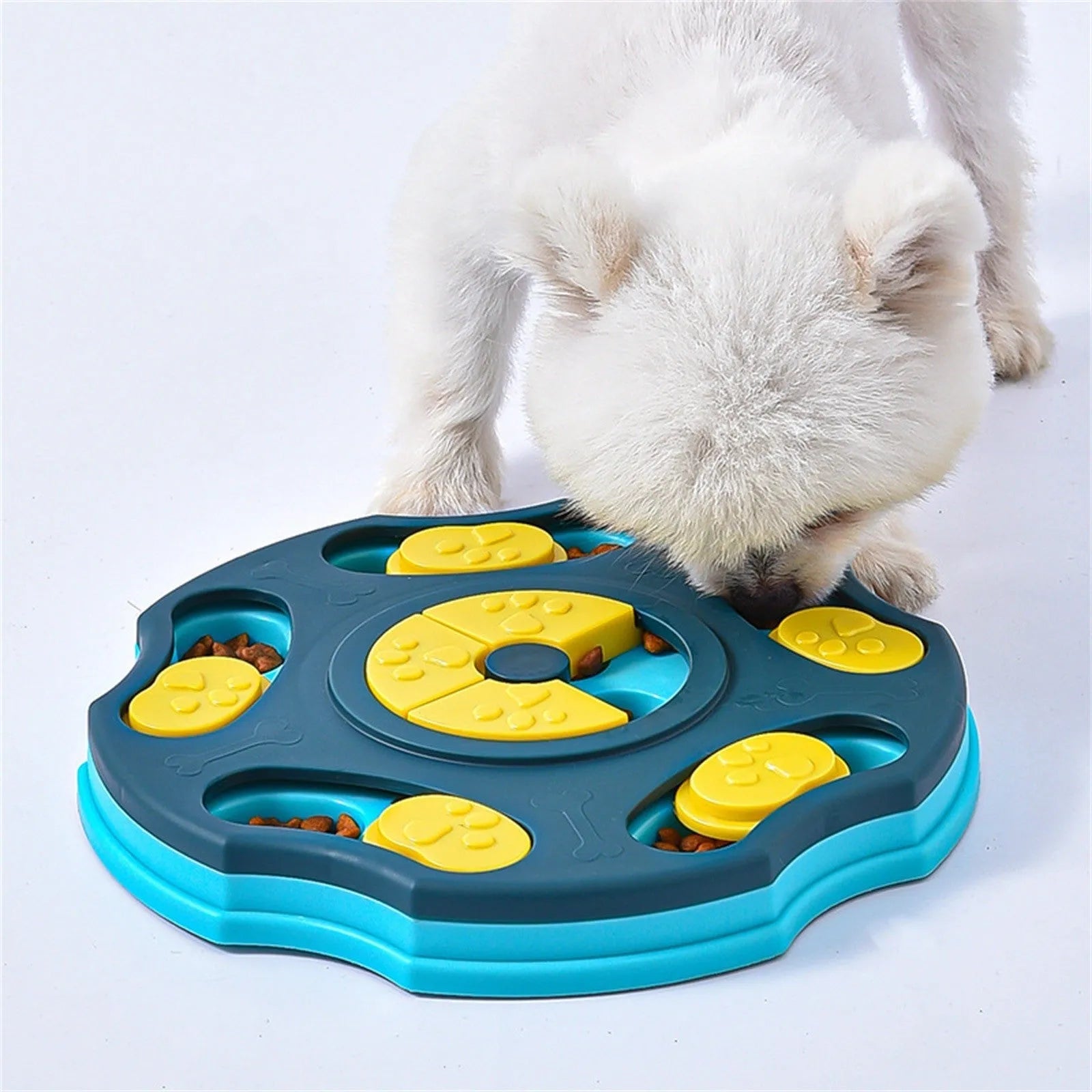 Blue and pink dog puzzle feeder toy for aggressive chewers with food bowl and interactive game design