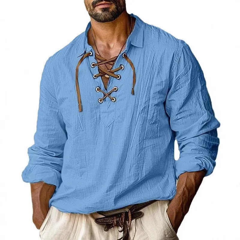 Men's loose fit solid colour shirt with lapel collar and lace detailing on a linen-cotton blend fabric.
