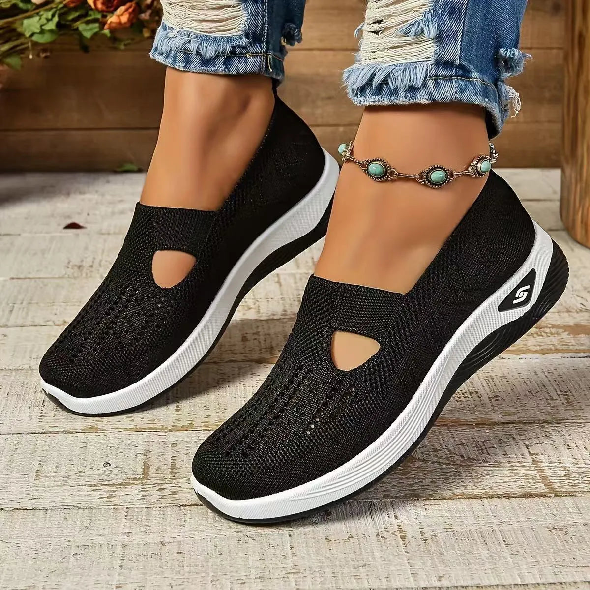 Women's casual mesh shoes with T-strap design and soft PVC soles in light purple colour