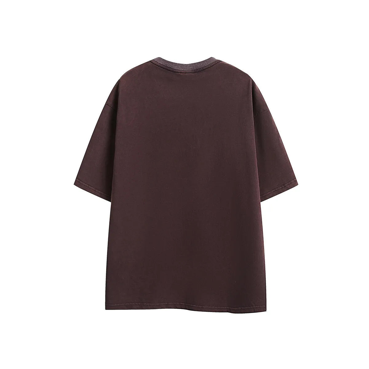 Purple and black loose-fit short-sleeved cotton t-shirt with embroidered retro design on a washed fabric.
