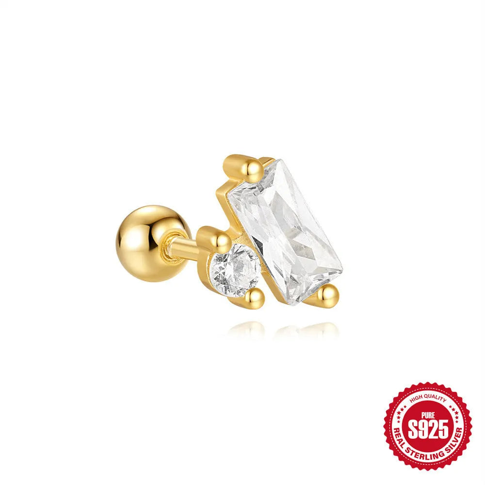S925 sterling silver square gravel stud earring with red centre and gold plating