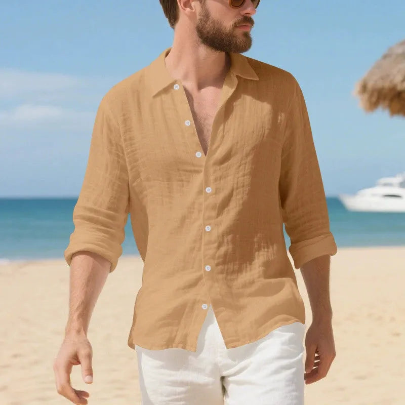 Men's linen Hawaiian casual shirt in loose American style fit with non-ironing processing
