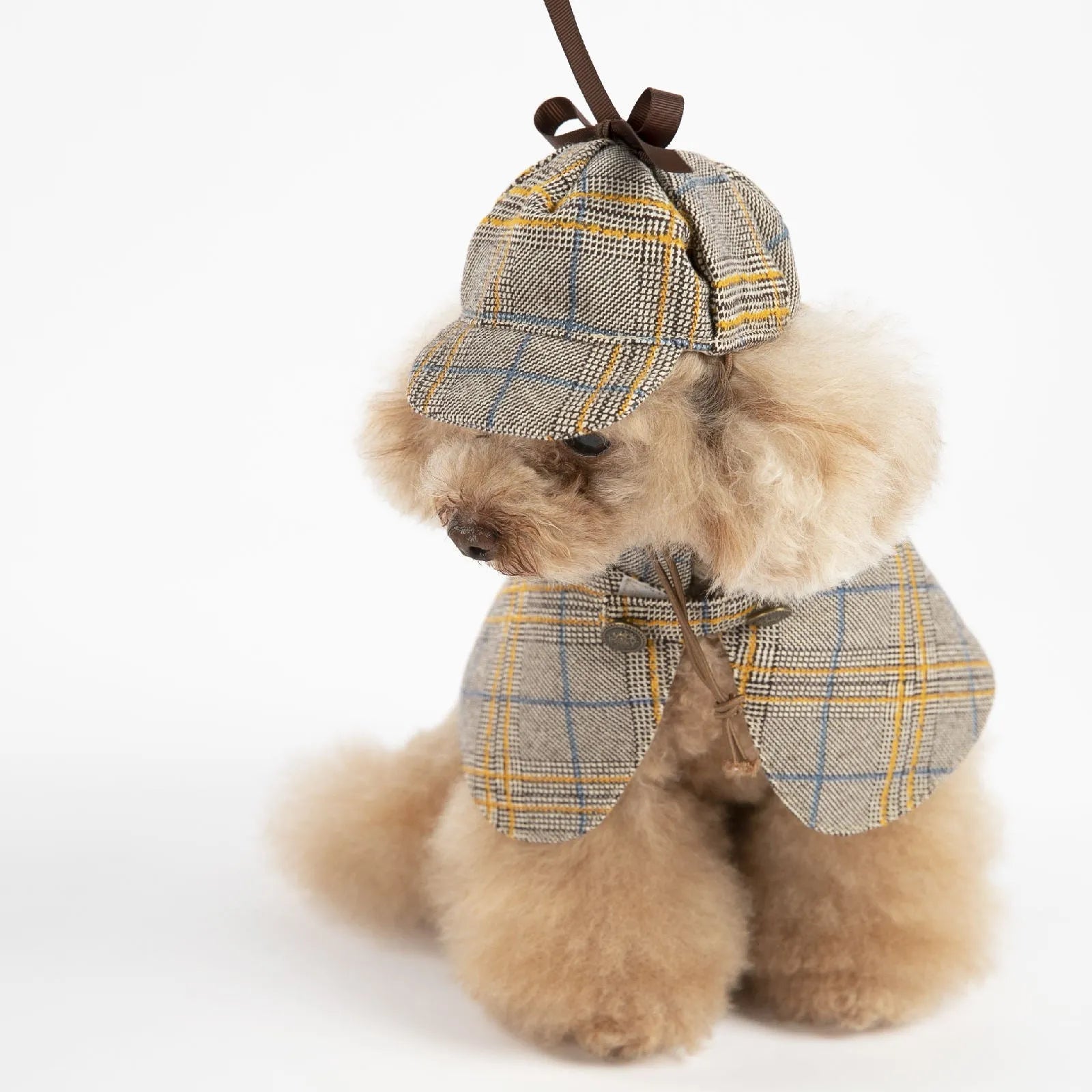Camel coloured cotton pet cloak with adjustable hat shown in cloak style for dog wear