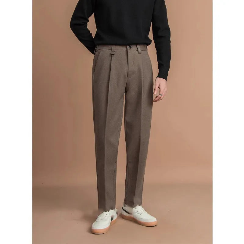 Men's straight leg casual trousers in black polyester fabric with business styling