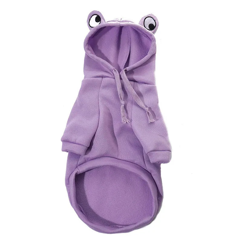 Green frog costume hoodie on small dog showing frog pattern design and hoodie style