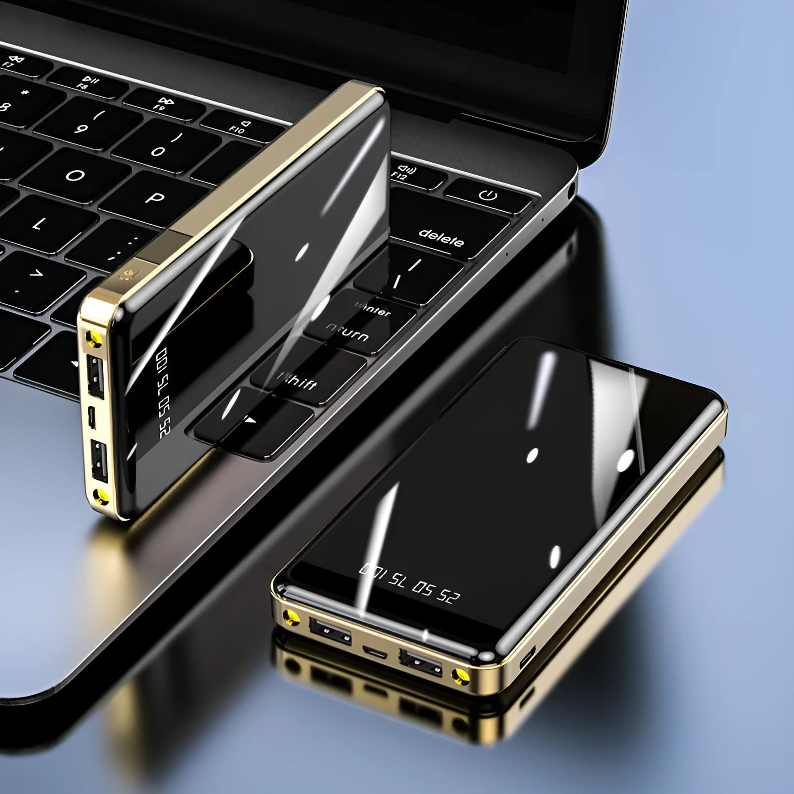 Mirror digital display power bank showing battery percentage, in choice of colours including black, blue, green, grey, and red.