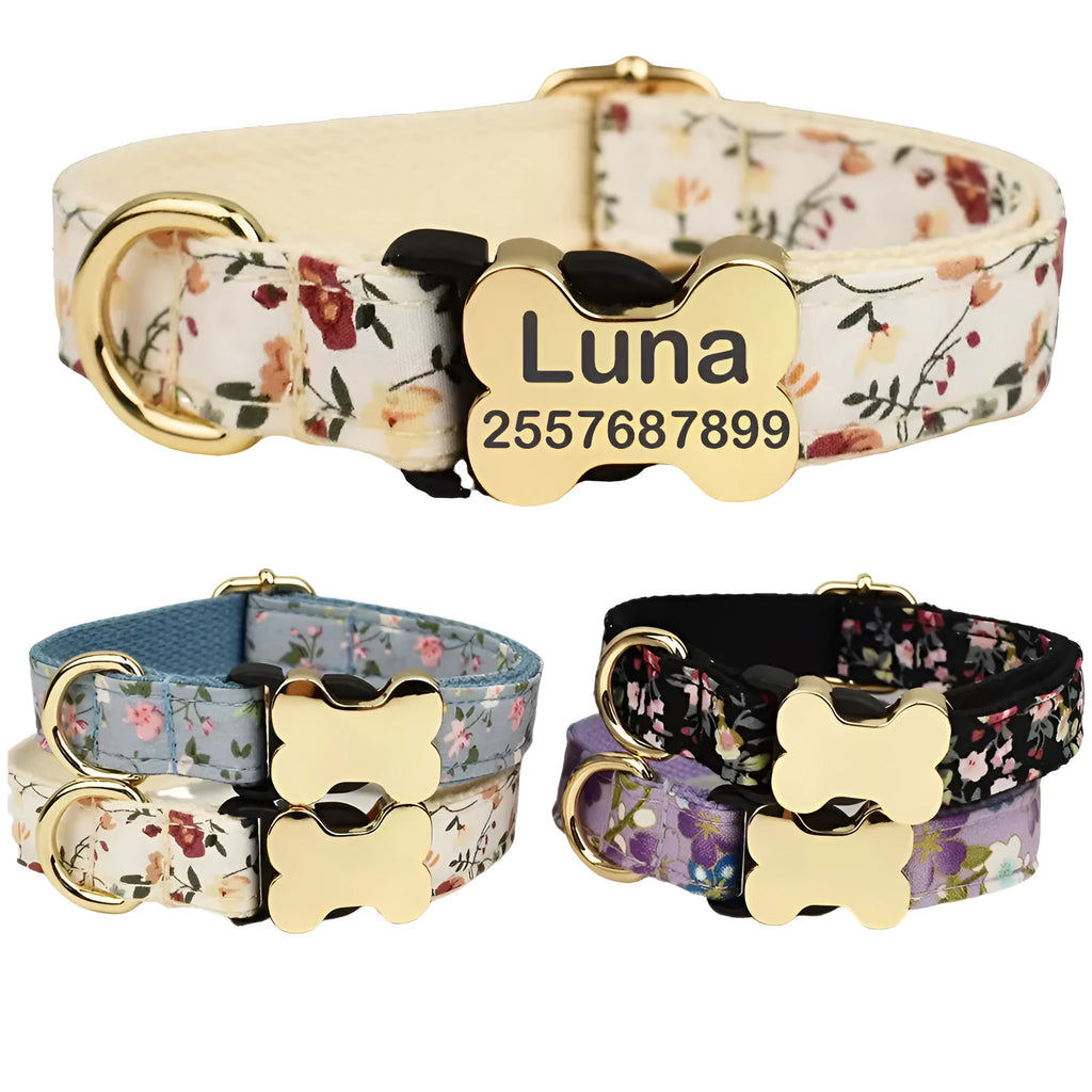 Nylon dog collar with printed grid pattern and bone-shaped metal buckle in multiple colour options
