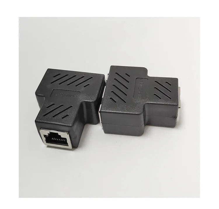 RJ45 network cable splitter adapter showing one input and three output ports in multiple colour options