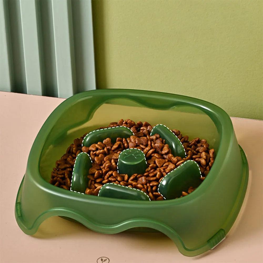 Blue plastic dog slow feeder bowl with anti-choking design for household use